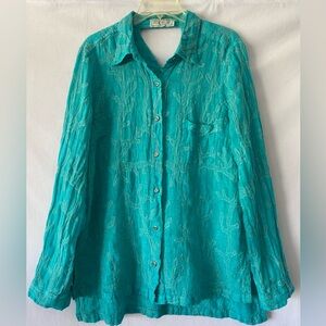 Haris Cotton Beach Summer Linen Blouse Top Button Up Coral Embroidered Size L